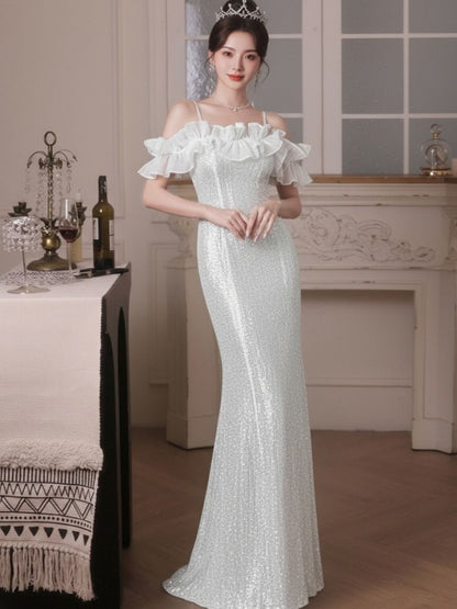 Sleeveless Cold Shoulder Plain Sequin Ruffle Panel Trumpet Evening Gown