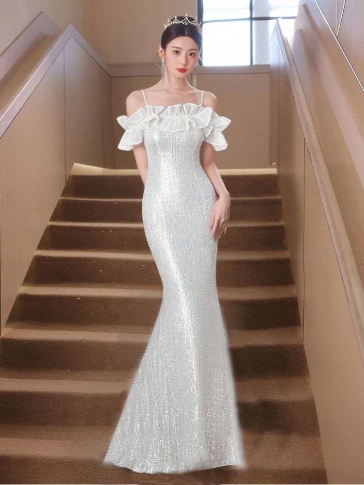 Sleeveless Cold Shoulder Plain Sequin Ruffle Panel Trumpet Evening Gown