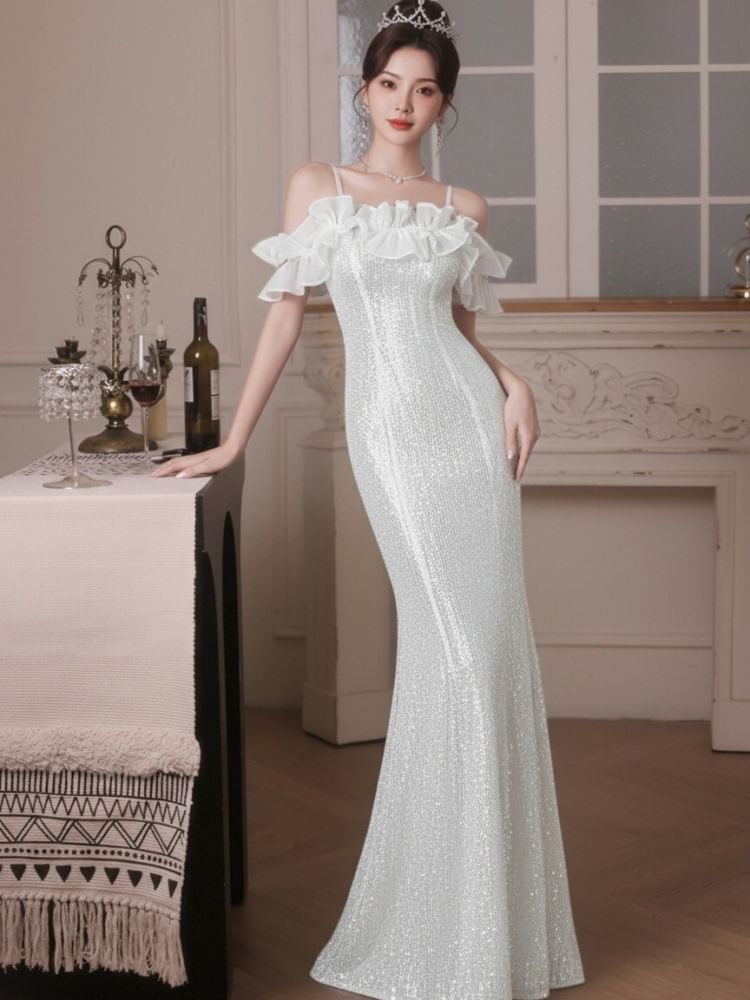 Sleeveless Cold Shoulder Plain Sequin Ruffle Panel Trumpet Evening Gown