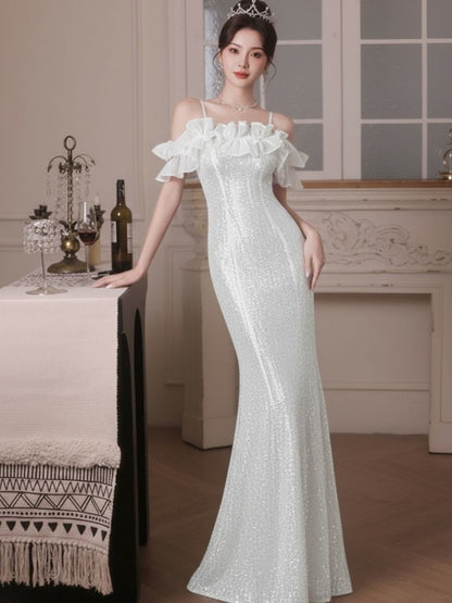 Sleeveless Cold Shoulder Plain Sequin Ruffle Panel Trumpet Evening Gown