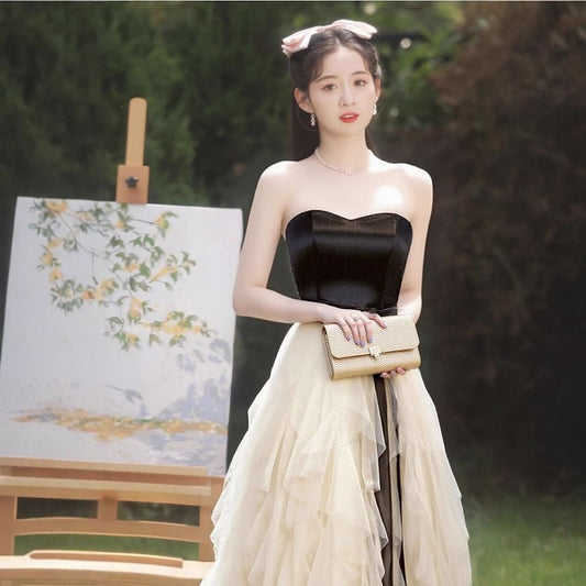 Two Tone Bow Tiered Mesh A-Line Tube Evening Gown