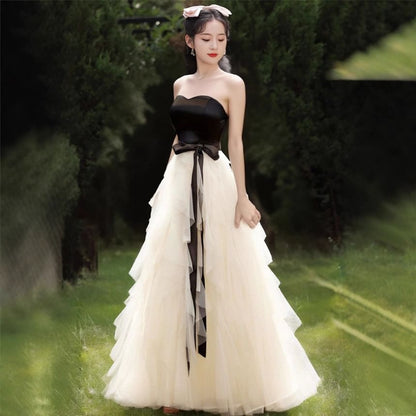 Two Tone Bow Tiered Mesh A-Line Tube Evening Gown