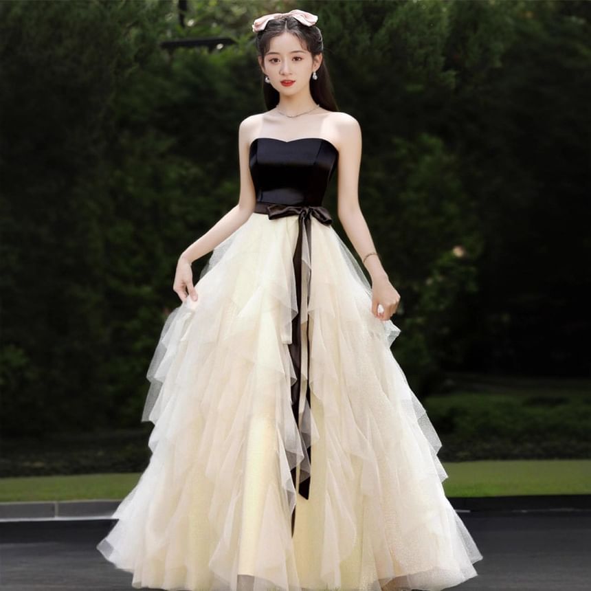 Two Tone Bow Tiered Mesh A-Line Tube Evening Gown