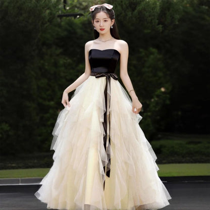 Two Tone Bow Tiered Mesh A-Line Tube Evening Gown