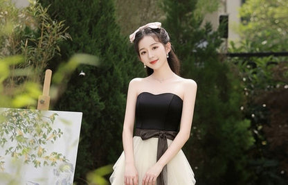 Two Tone Bow Tiered Mesh A-Line Tube Evening Gown