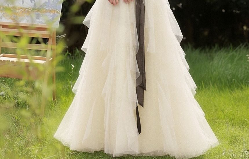 Two Tone Bow Tiered Mesh A-Line Tube Evening Gown