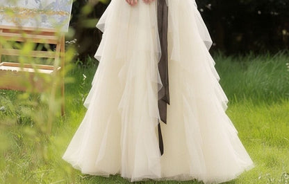 Two Tone Bow Tiered Mesh A-Line Tube Evening Gown