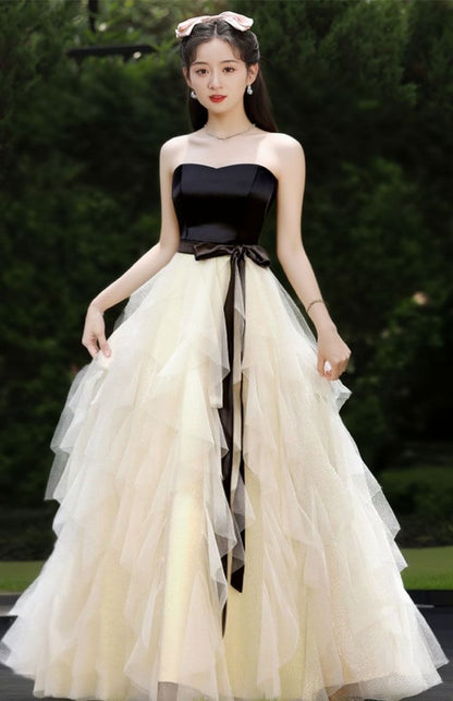 Two Tone Bow Tiered Mesh A-Line Tube Evening Gown