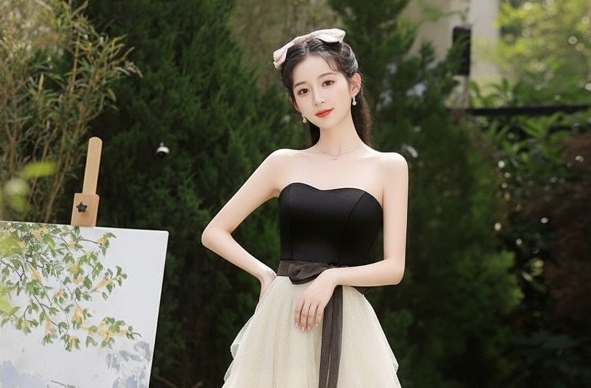 Two Tone Bow Tiered Mesh A-Line Tube Evening Gown