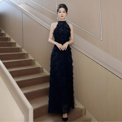 Sleeveless Mock Neck Plain Fringe A-Line Evening Dress