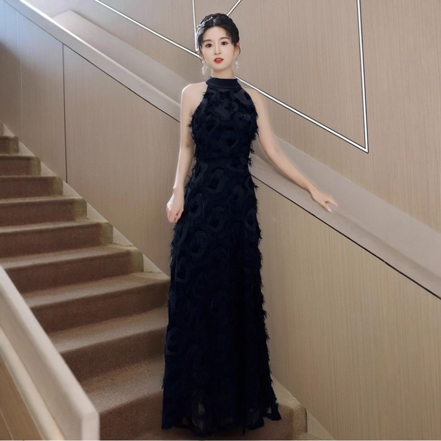 Sleeveless Mock Neck Plain Fringe A-Line Evening Dress