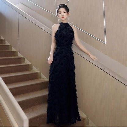 Sleeveless Mock Neck Plain Fringe A-Line Evening Dress