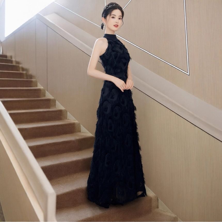 Sleeveless Mock Neck Plain Fringe A-Line Evening Dress