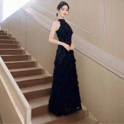 Sleeveless Mock Neck Plain Fringe A-Line Evening Dress