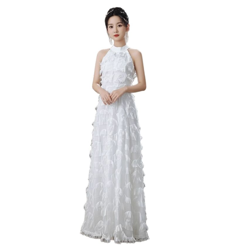 Sleeveless Mock Neck Plain Fringe A-Line Evening Dress