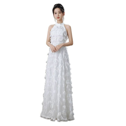 Sleeveless Mock Neck Plain Fringe A-Line Evening Dress