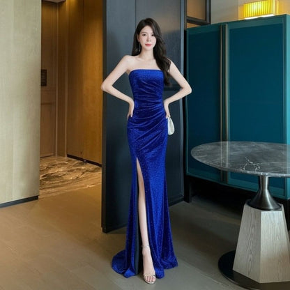 Plain Ruched Slit Trumpet Tube Evening Gown