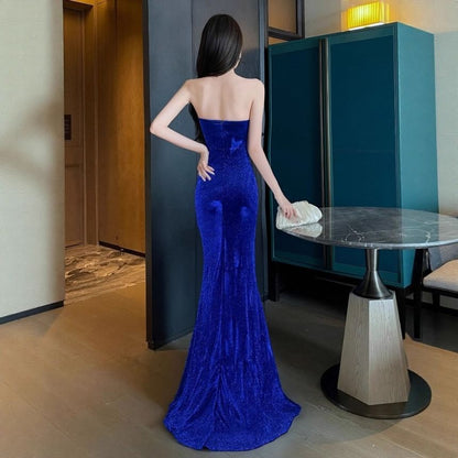 Plain Ruched Slit Trumpet Tube Evening Gown