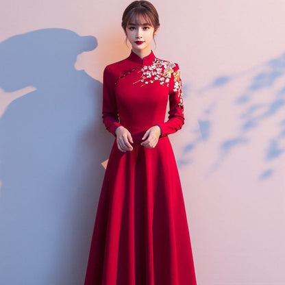 Long Sleeve Mandarin Collar Floral Embroidered A-Line Evening Gown