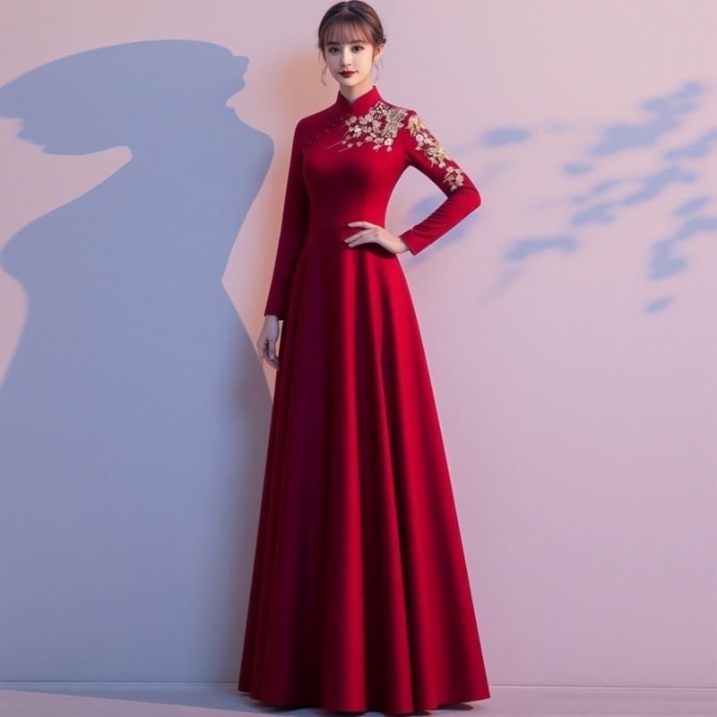 Long Sleeve Mandarin Collar Floral Embroidered A-Line Evening Gown