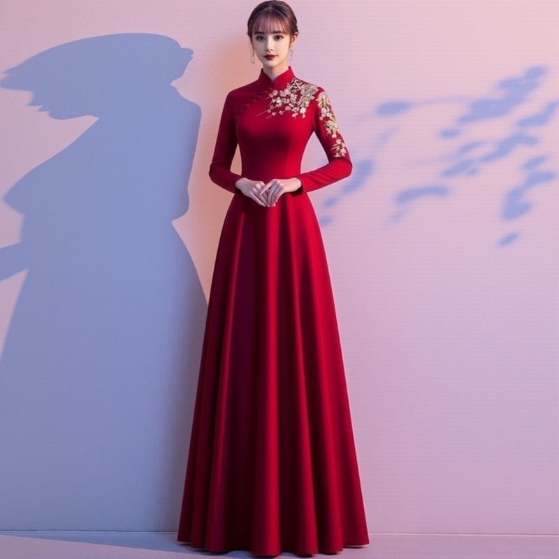 Long Sleeve Mandarin Collar Floral Embroidered A-Line Evening Gown