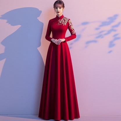 Long Sleeve Mandarin Collar Floral Embroidered A-Line Evening Gown