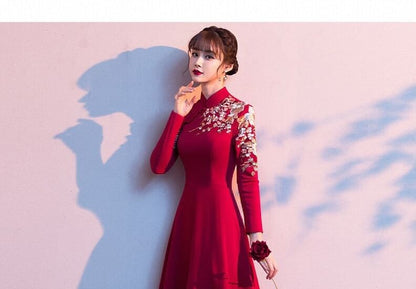 Long Sleeve Mandarin Collar Floral Embroidered A-Line Evening Gown