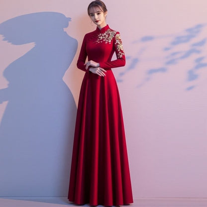 Long Sleeve Mandarin Collar Floral Embroidered A-Line Evening Gown