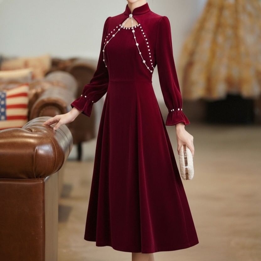Long Sleeve Mandarin Collar Plain Faux Pearl Beaded Cutout Velvet Midi A-Line Cocktail Dress