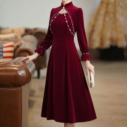 Long Sleeve Mandarin Collar Plain Faux Pearl Beaded Cutout Velvet Midi A-Line Cocktail Dress