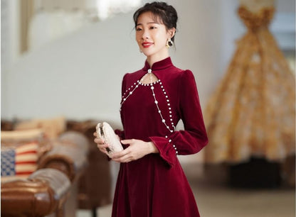 Long Sleeve Mandarin Collar Plain Faux Pearl Beaded Cutout Velvet Midi A-Line Cocktail Dress