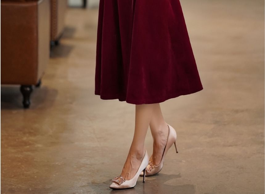 Long Sleeve Mandarin Collar Plain Faux Pearl Beaded Cutout Velvet Midi A-Line Cocktail Dress