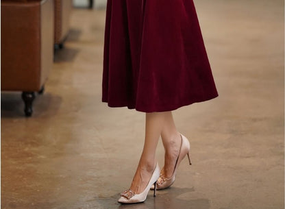 Long Sleeve Mandarin Collar Plain Faux Pearl Beaded Cutout Velvet Midi A-Line Cocktail Dress