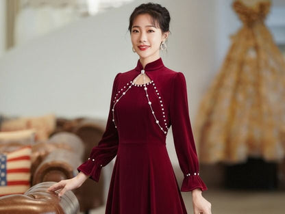 Long Sleeve Mandarin Collar Plain Faux Pearl Beaded Cutout Velvet Midi A-Line Cocktail Dress