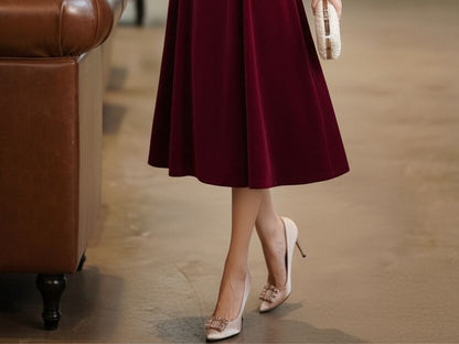 Long Sleeve Mandarin Collar Plain Faux Pearl Beaded Cutout Velvet Midi A-Line Cocktail Dress