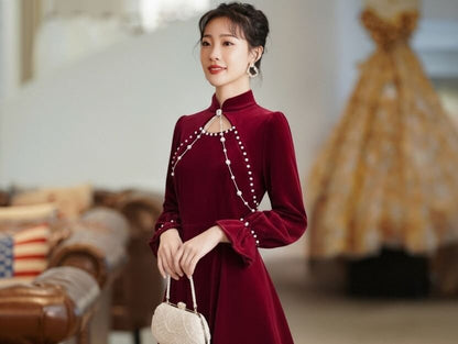 Long Sleeve Mandarin Collar Plain Faux Pearl Beaded Cutout Velvet Midi A-Line Cocktail Dress