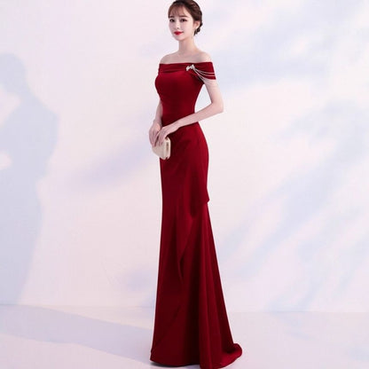 Sleeveless Off Shoulder Plain Trumpet Evening Gown
