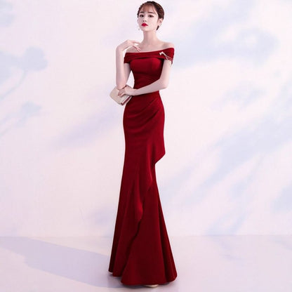 Sleeveless Off Shoulder Plain Trumpet Evening Gown