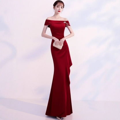 Sleeveless Off Shoulder Plain Trumpet Evening Gown