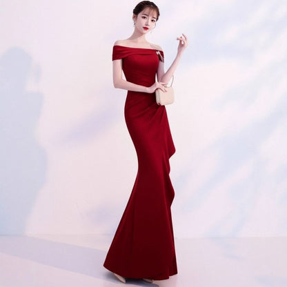 Sleeveless Off Shoulder Plain Trumpet Evening Gown