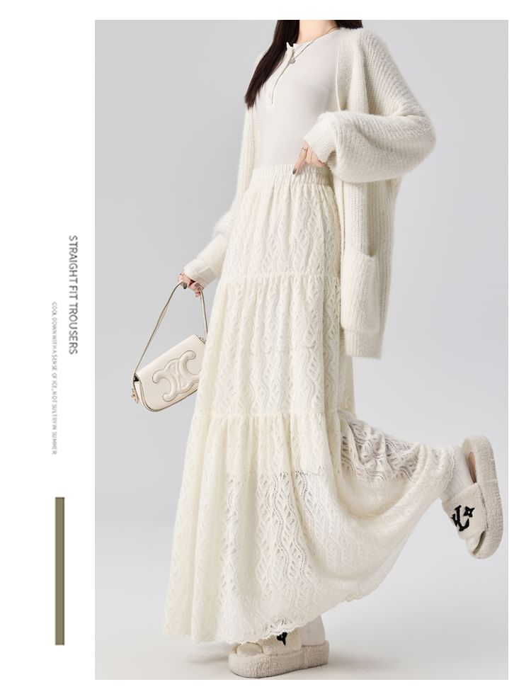 High Rise Plain Lace Maxi A-Line Skirt