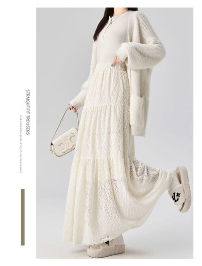 High Rise Plain Lace Maxi A-Line Skirt