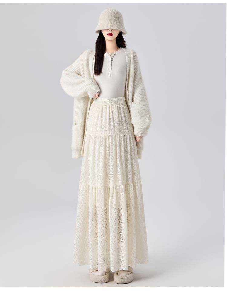 High Rise Plain Lace Maxi A-Line Skirt