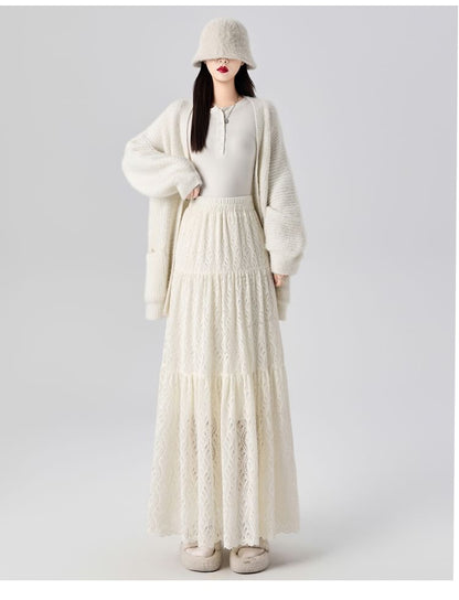 High Rise Plain Lace Maxi A-Line Skirt