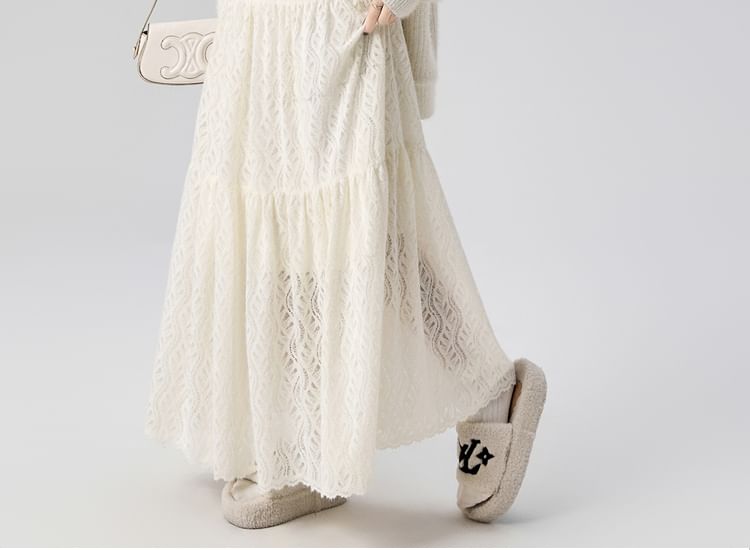 High Rise Plain Lace Maxi A-Line Skirt