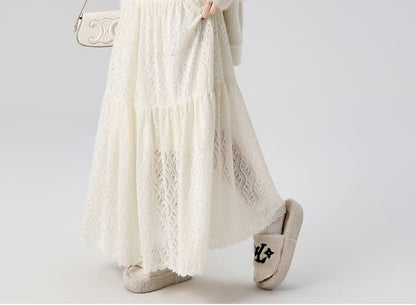High Rise Plain Lace Maxi A-Line Skirt