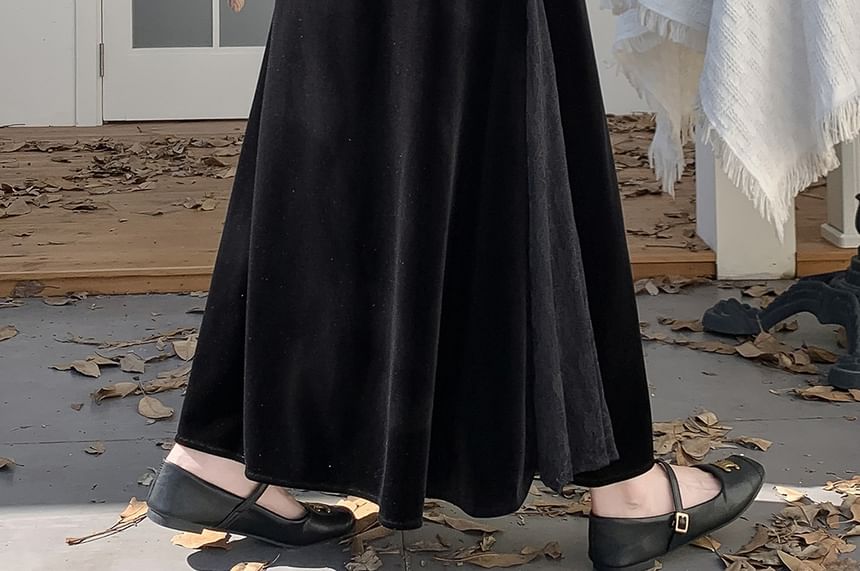 High Waist Plain Lace Panel Velvet Maxi A-Line Skirt
