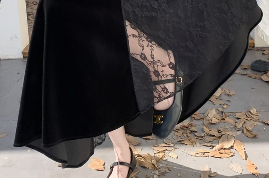 High Waist Plain Lace Panel Velvet Maxi A-Line Skirt