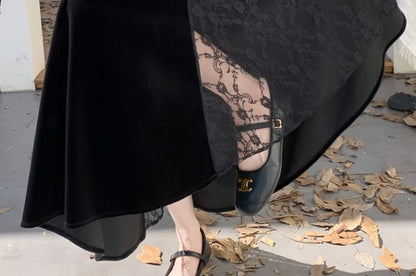 High Waist Plain Lace Panel Velvet Maxi A-Line Skirt