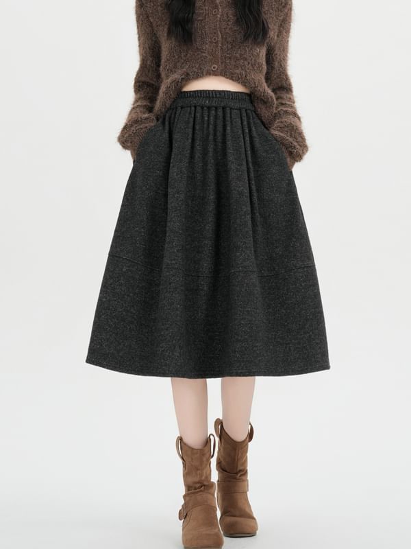 Elastic Waist Plain Midi A-Line Skirt
